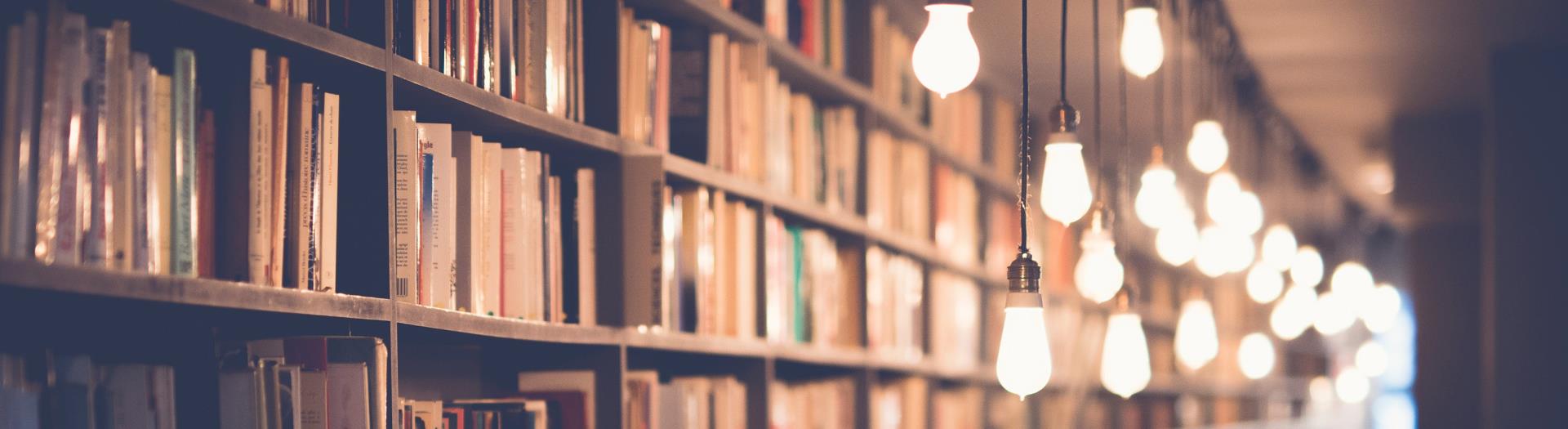 Bookshelf with hanging lights above 